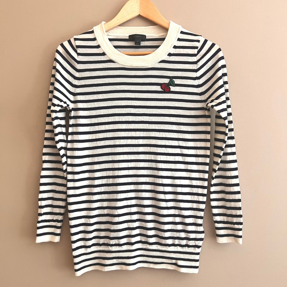 J.Crew Tippi Sweater Womens Small Merino Wool Navy Striped Cherry Patch Preppy